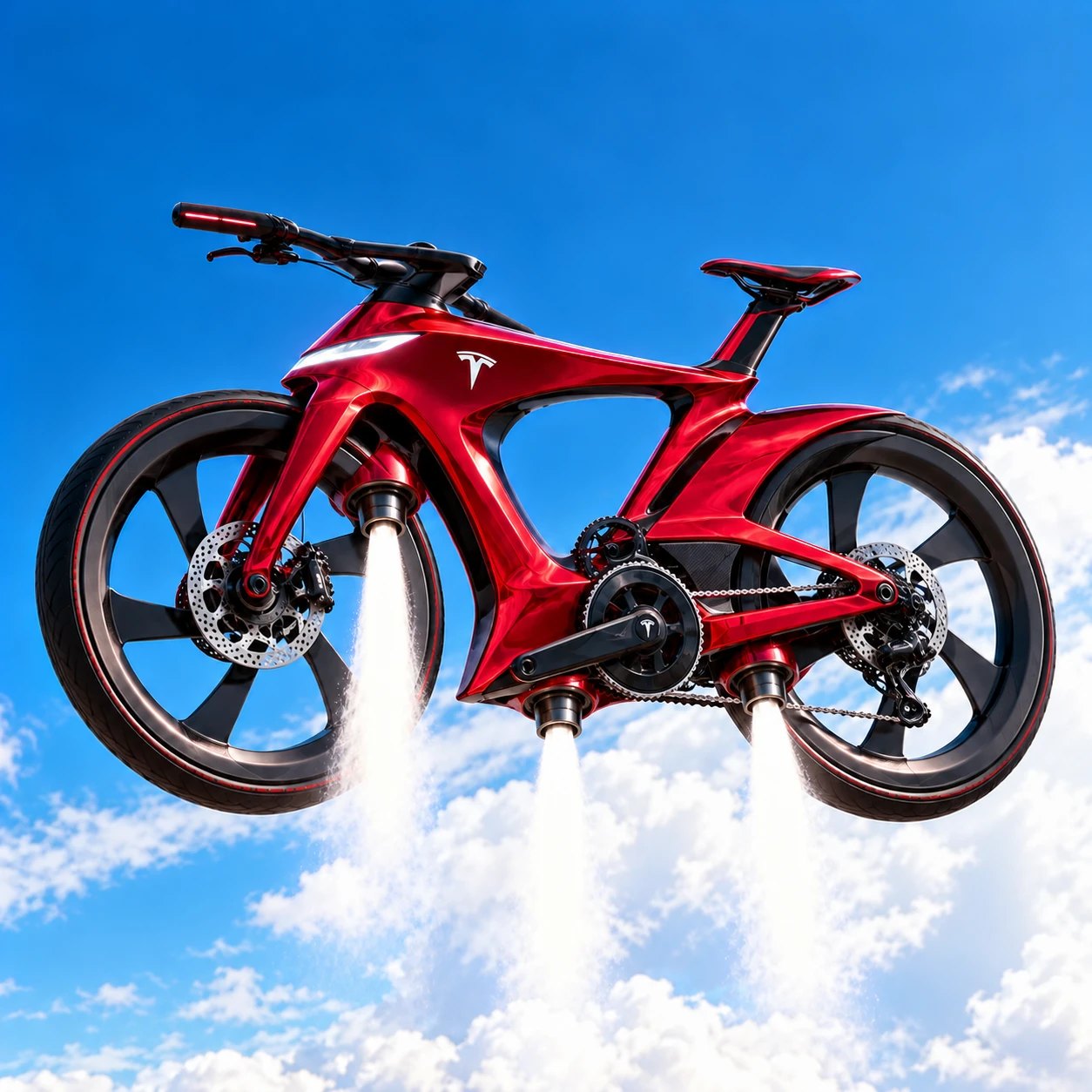 The red ROADSRBIKE flying over the clouds on three thrusters